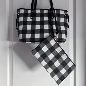 Michael Kors Buffalo Plaid (black & white) tote with matching wristlet